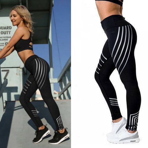 Women Stripes Leggings Printed High Waist Sports Tights Running Workout Female Gym Pants Capri Yoga Clothing Luminous